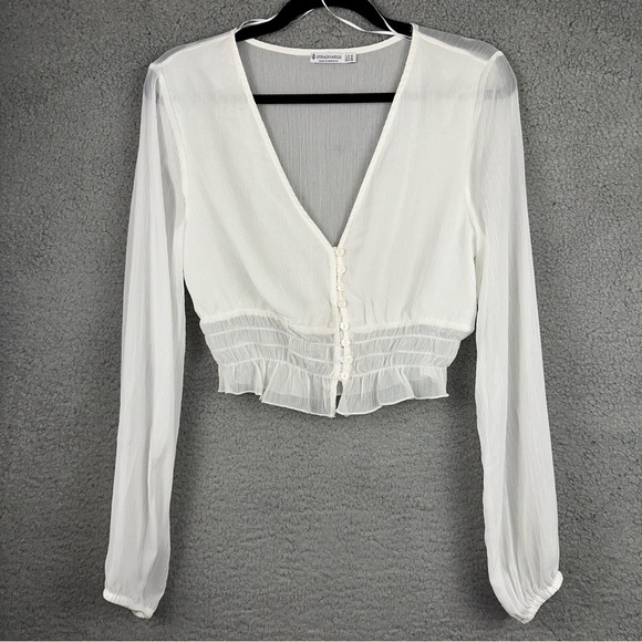 stradivarius Tops - Stradivarius Top Medium White V-Neck Womens Smocked Lace Hem Sheer Crop Blouse